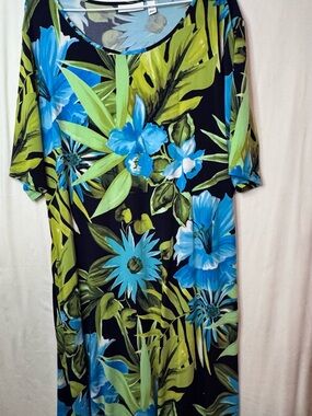 Susan Graver Black Dress with Blue & Green Tropical Print